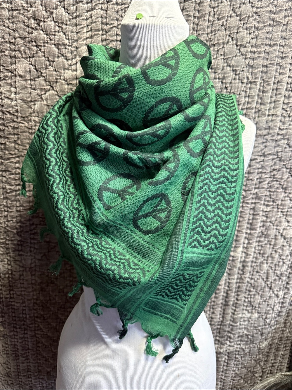 Green Patterned Women's Scarf with Peace Motif 40”by 40”2 side Cotton scarf.